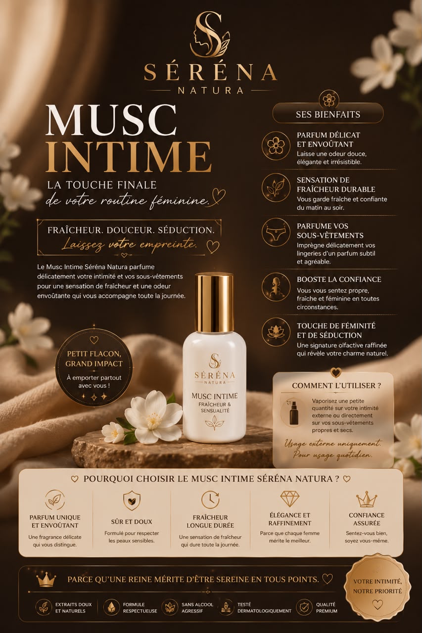 🤎 MUSC INTIME  Le geste final de votre routine féminine.  Notre musc intime laisse une fragrance délicate et raffinée qui accompagne votre journée avec élégance et discrétion.  Une touche de fraîcheur et de confiance à chaque utilisation.  ✨ Parfum délic