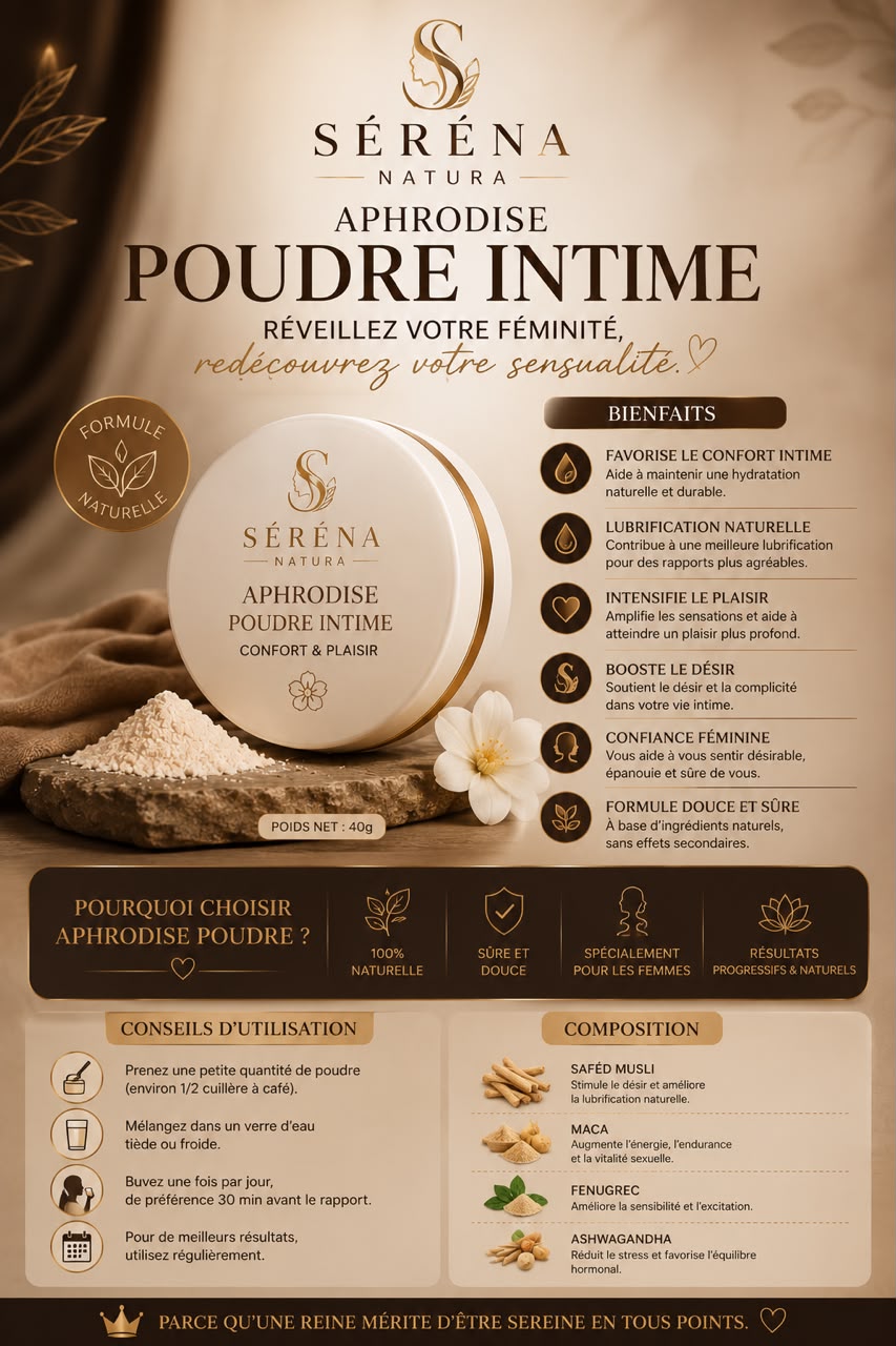 🤍 APHRODISE POUDRE  Pensée pour accompagner les femmes dans leur épanouissement intime, Aphrodise Poudre contribue au confort féminin et à une meilleure harmonie dans les moments de complicité.  Une formule inspirée de la nature pour révéler votre fémini