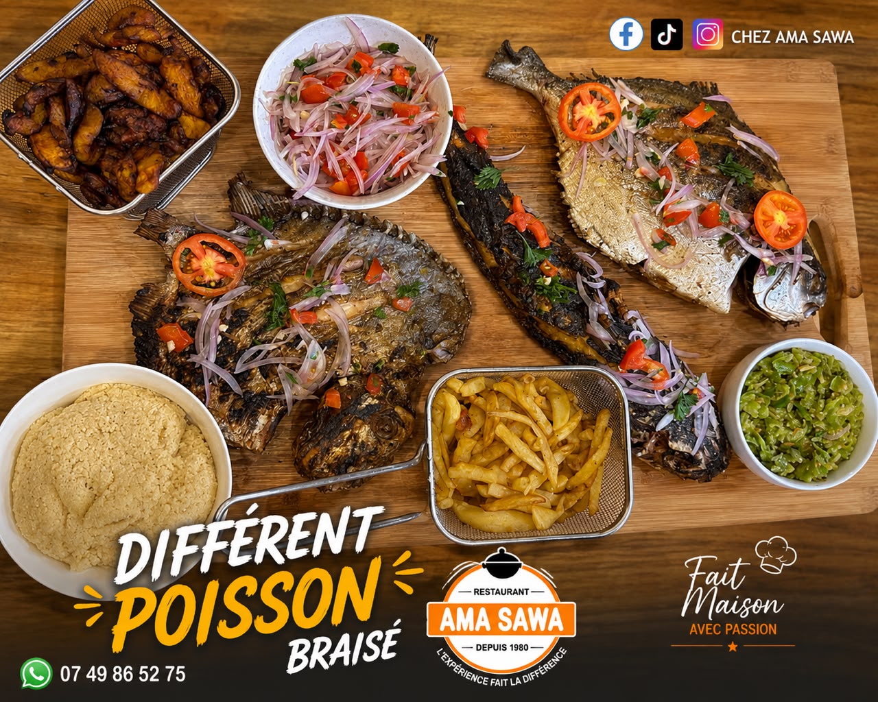 🐟 Du poisson braisé bien doré, accompagné d’alloco, d’oignons frais, de tomates et de sauces savoureuses. Un repas généreux, authentique et fait maison, idéal pour les amoureux des bonnes grillades ! 🔥😋
